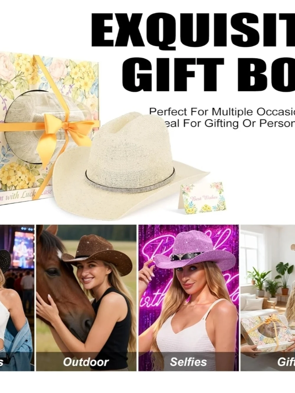 Women’s Bling Straw Cowboy Hat - Cream - Picture 6 of 6